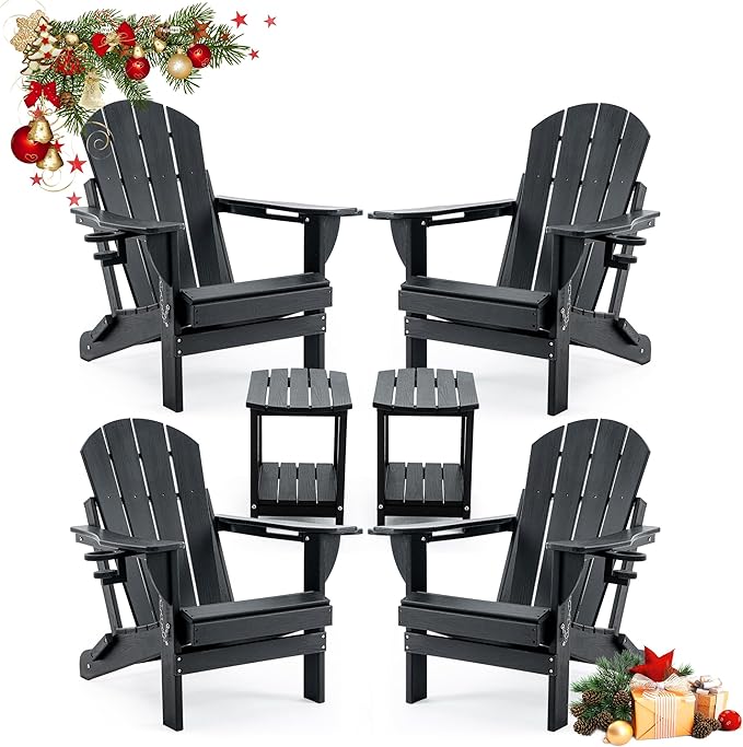 Folding Outdoor Adirondack Chairs Set of 4 with HDPE Side Tables-Plastic Weather Resistant Patio Chairs with Small Outdoor Side Tables 2 Storage for Patio,Fire Pit, Garden and Backyard