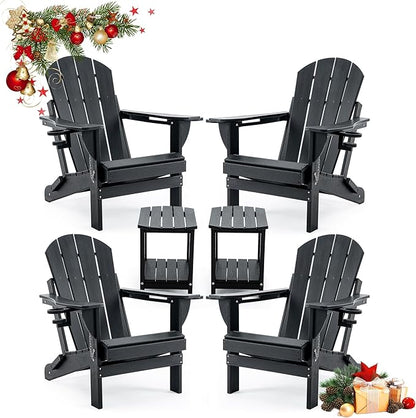 Folding Outdoor Adirondack Chairs Set of 4 with HDPE Side Tables-Plastic Weather Resistant Patio Chairs with Small Outdoor Side Tables 2 Storage for Patio,Fire Pit, Garden and Backyard