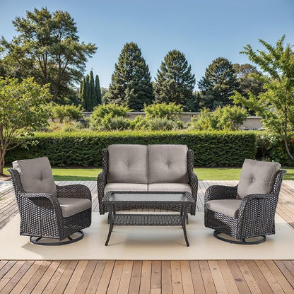 Patio Loveseat Glider Set, Resin Wicker Loveseat Glider with 2 Swivel Patio Chiars and Coffee Table, 4 Piece Patio Bistro Set Furniture Set Loveseat Set, Brown Wicker|Grey Cushions