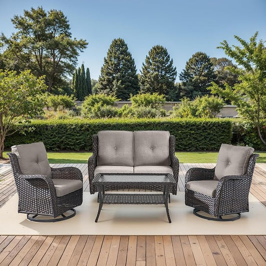 Patio Loveseat Glider Set, Resin Wicker Loveseat Glider with 2 Swivel Patio Chiars and Coffee Table, 4 Piece Patio Bistro Set Furniture Set Loveseat Set, Brown Wicker|Grey Cushions