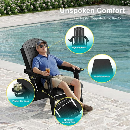 HDPE Foldable Adirondack Outdoor Chair with Cup Holder, Weather Resistant Heavy-Duty Patio Chair for Patio, Backyard, Deck, Fire Pit, Lawn and Porch, Black