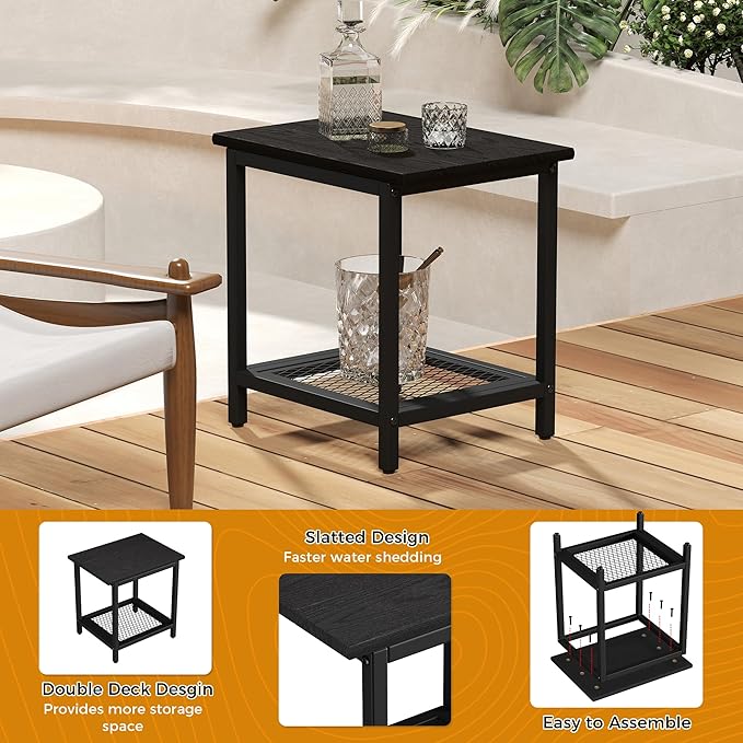 2-Tier Outdoor Side Table with Storage, Weather Resistant Patio End Table, HDPS Small Accent Table for Deck, Garden, Pool, Backyard, Black