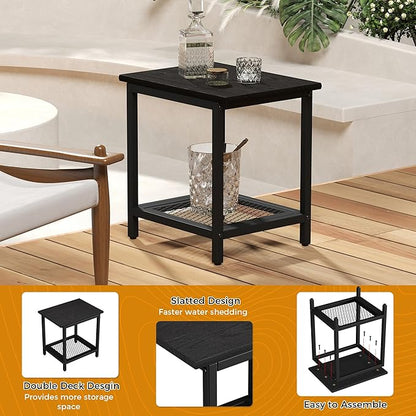 2-Tier Outdoor Side Table with Storage, Weather Resistant Patio End Table, HDPS Small Accent Table for Deck, Garden, Pool, Backyard, Black
