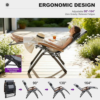 PURPLE LEAF Extra Wide Outdoor Reclining Chair Patio Zero Gravity Chaise Lounge Folding Chair with Quilted Cushion Adjustable Headrest for Lawn Camping Beach Pool Black and Grey
