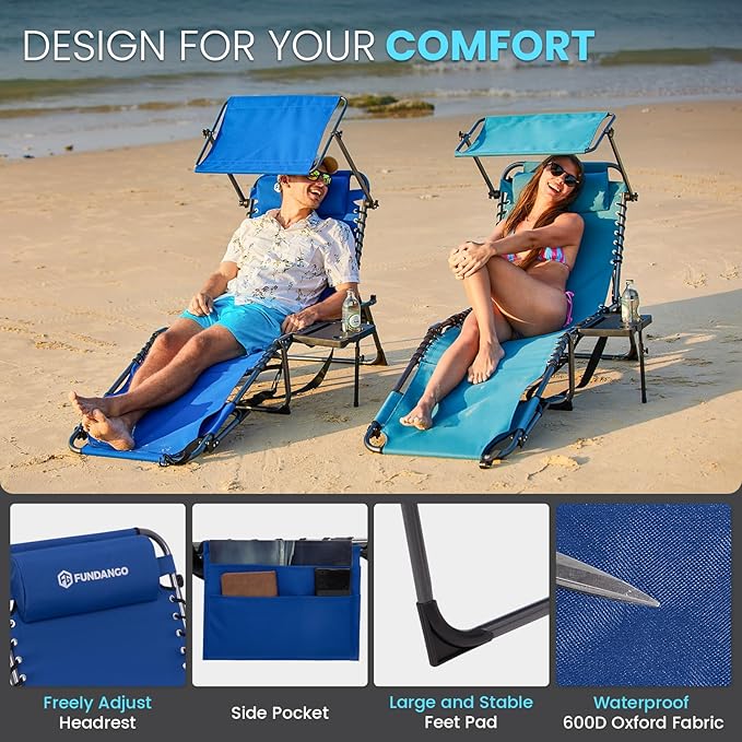 FUNDANGO Heavy Duty Tanning Chair with Face Hole & Canopy, 400lbs Beach Lounge Chair with Side Table, 5-Position Sun Lounger for Outdoor Patio Pool-Face Down Chaise with Anti-Pinch Safety Lock,Blue
