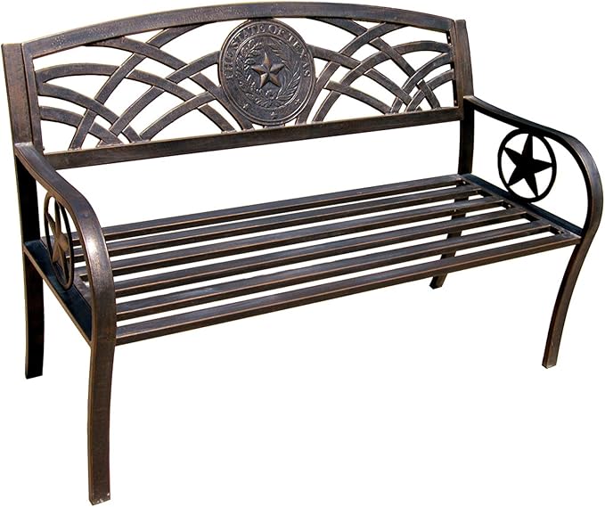 Leigh Country Texas State Seal Metal Bench, Outdoor Decorative Patio Seating for Porch/Deck