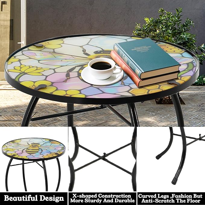 Small Side Table with Metal Frame, 10.5" Round Side Tables with Bee Pattern,Outdoor Table for Balcony,Terrace,Garden,Living Room