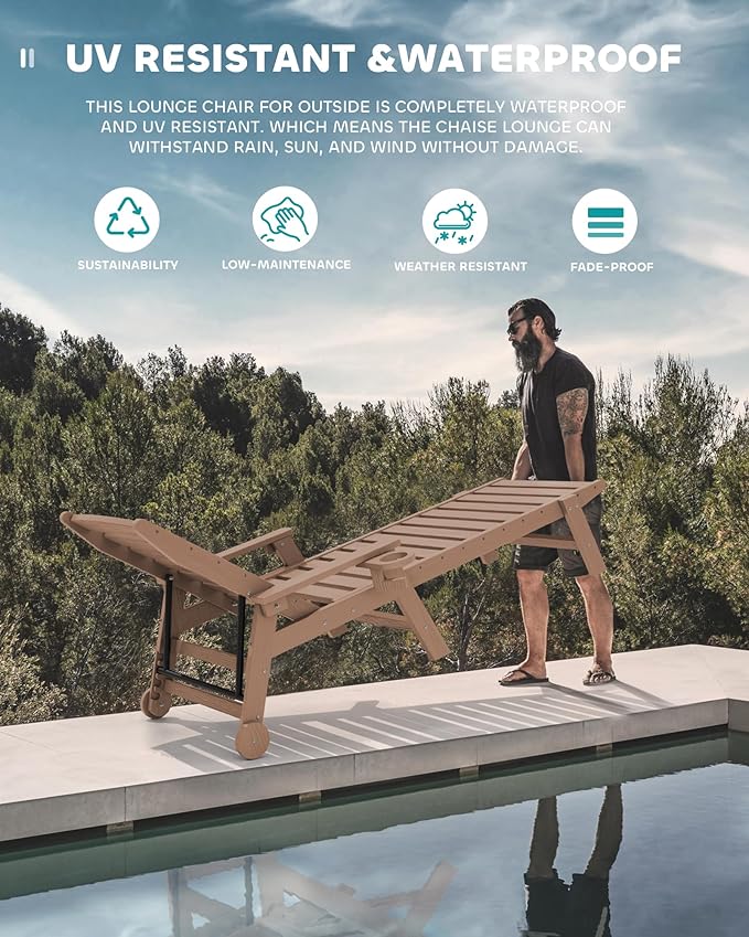SERWALL Patio Chaise Lounge Chair Set of 2 with 9FT Patio Umbrella, 78'' HDPE Outdoor Lounger - Photo 8