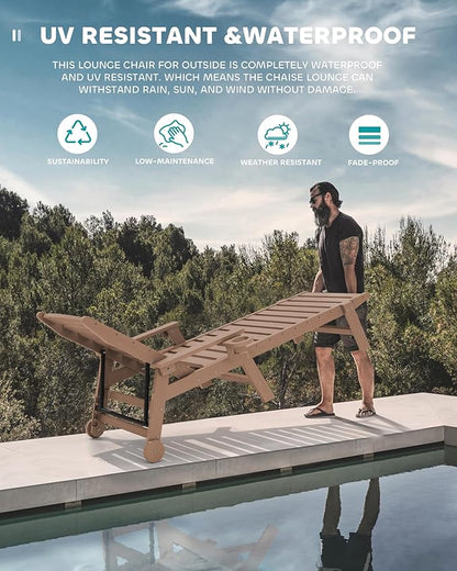 SERWALL Patio Chaise Lounge Chair Set of 2 with 9FT Patio Umbrella, 78'' HDPE Outdoor Lounger, Poly Lounge Chair with Rolling Wheels & Cup Holder for Pool,Wooden Brown (Umbreall Base not Included)