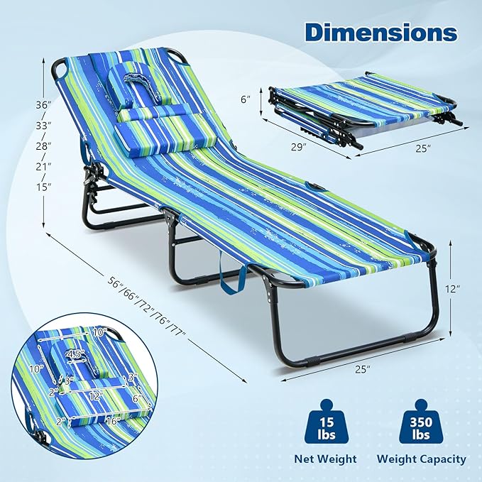 Giantex Tanning Chair, Folding Beach Chair, Adjustable Patio Lounge Chair with Face Hole, Removable Pillows, Carry Strap - Photo 3