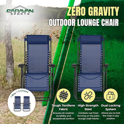 Caravan Sports Zero Gravity Outdoor Portable Folding Camping Lawn Deck Patio Pool Recliner Lounge Chair for Adults, Adjustable Headrest, Blue (2 Pack)