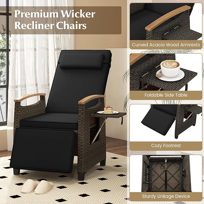 Tangkula Patio Wicker Recliner Chair, Rattan Lounge Chair w/Adjustable Backrest & Footrest, Flip Side Table, Push Back Reclining Seat w/Cushion for Backyard, Porch, Lawn (Black,1)