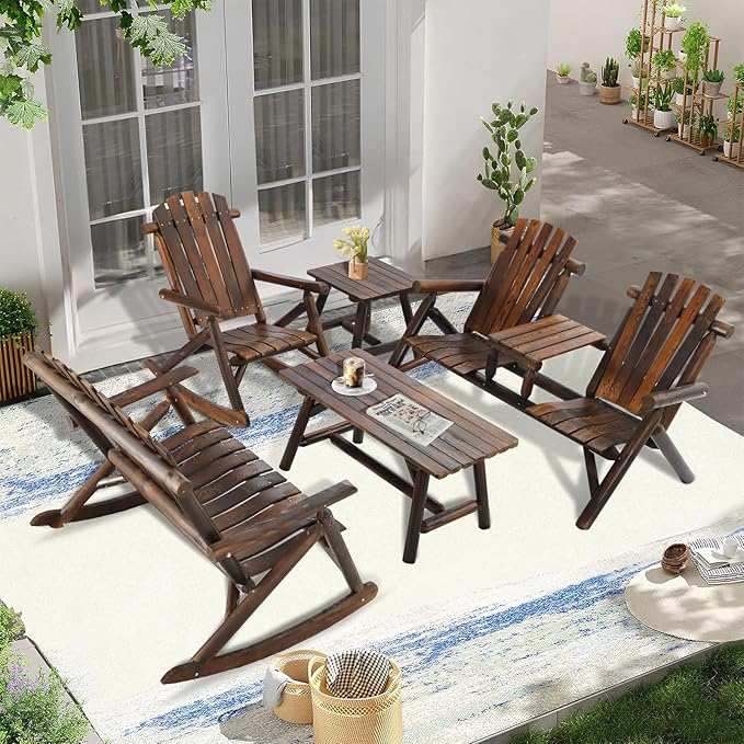 5-Piece Outdoor Wood Log Rocking Conversation Set, Patio Adirondack Furniture Set Including 2-Seater Loveseat, Garden Bench & Built-in Table, 2 Coffee Table, Log Rocker Chair, Carbonized