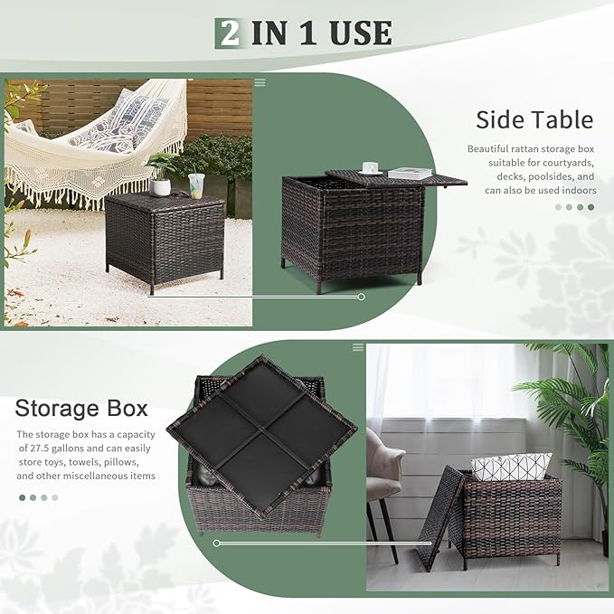 Outvita Outdoor Side Table, Rattan Coffee Table with Storage 27 Gallon Patio Small Deck Storage Box for Cushion Towel Books, Brown Side Table with lid