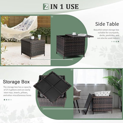 Outvita Outdoor Side Table, Rattan Coffee Table with Storage 27 Gallon Patio Small Deck Storage Box for Cushion Towel Books, Brown Side Table with lid