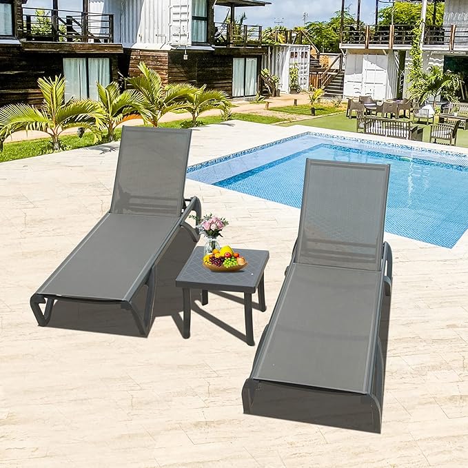 Domi Pool Lounge Chairs Set of 3, Aluminum Chaise Lounge Outdoor with Side Table - Photo 1