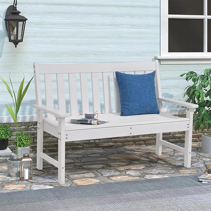COBANA Outdoor Garden Bench, All Weather HDPE Patio Porch Bench with Faux Wood Grain Pattern, 2-Person Seat for Lawn, Park, Backyard, Entryway, White