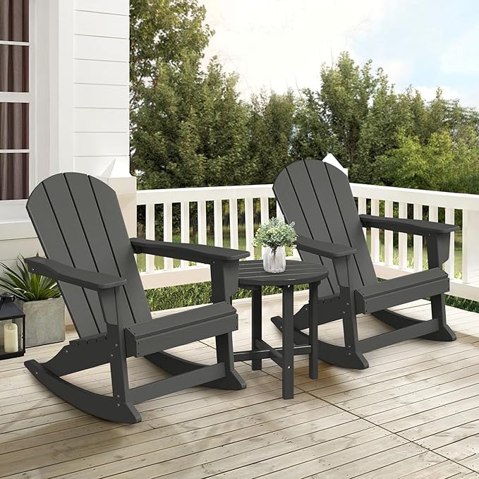 Costaelm Outdoor Adirondack Chair Set of 2, All Weather Resistant Classic Balcony Chair and Fire Pit Chairs, Adirondack Plastic Outdoor Porch Furniture Rocking Chair High Back HDPE Poly Lumber, Gray