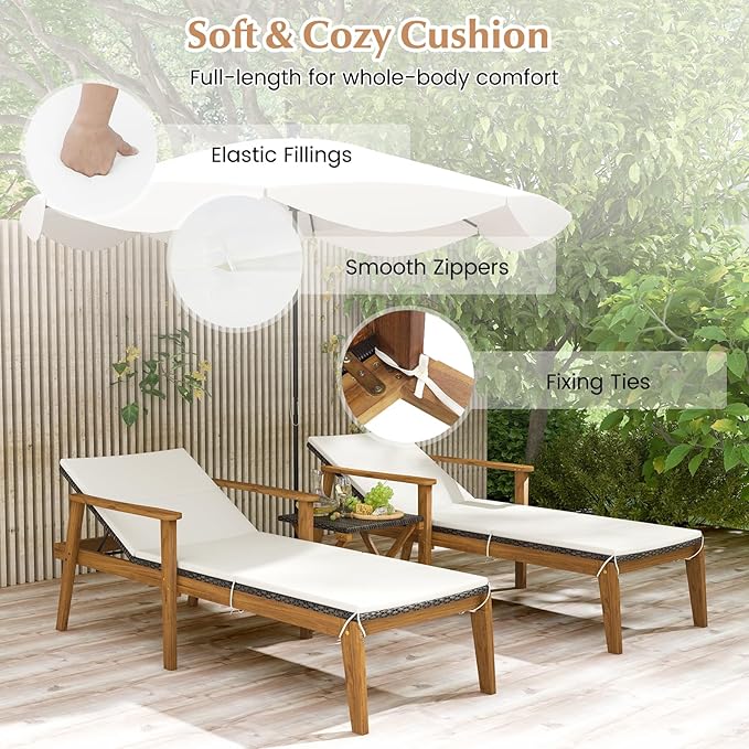 Tangkula Outdoor Chaise Lounge Chair, Rattan Patio Recliner with Armrests & 4-Level Backrest Adjustment, Cushioned Acacia Wood Patio Lounge Chair for Poolside, Backyard, Balcony