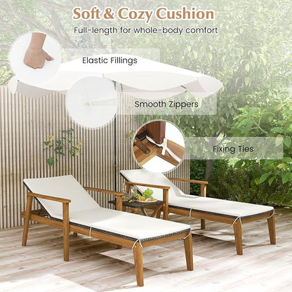 Tangkula Outdoor Chaise Lounge Chair, Rattan Patio Recliner with Armrests & 4-Level Backrest Adjustment, Cushioned Acacia Wood Patio Lounge Chair for Poolside, Backyard, Balcony