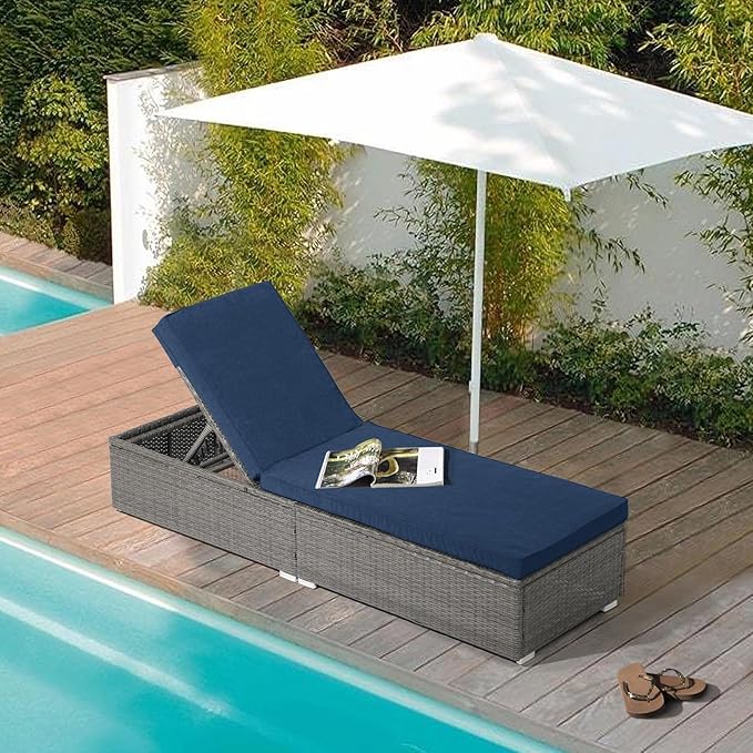 JOIVI Outdoor Chaise Lounge Chair, All-Weather PE Wicker Patio Chaise Lounge Pool Lounger, Gray Rattan Reclining Outdoor Chair with Adjustable Backrest & Removable Cushion(Navy Blue)