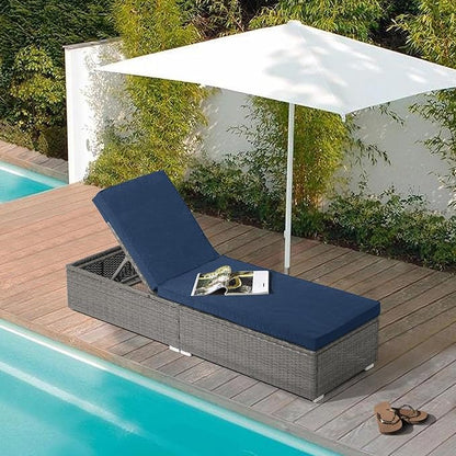 JOIVI Outdoor Chaise Lounge Chair, All-Weather PE Wicker Patio Chaise Lounge Pool Lounger, Gray Rattan Reclining Outdoor Chair with Adjustable Backrest & Removable Cushion(Navy Blue)