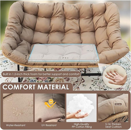 RADIATA Double Papasan Rocking Chair with Ottomans, Oversized Egg Rocking Chairs for 2, Large Wide Loveseat Recliner with Comfy Cushion for Indoor Outdoor Patio Garden, Brown