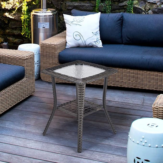 VINGLI Outdoor Side Table with Storage Wicker Patio Side Table, Tempered Glass Top End Table for Balcony Porch Deck (Grey)