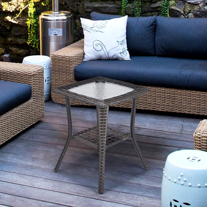 Outdoor Wicker Side Table, Rattan End Table with Glass Top, Patio Coffee Bistro Table for Indoor Garden Porch Balcony (Grey)