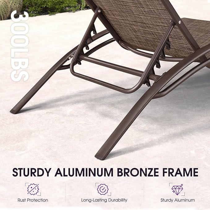PURPLE LEAF Outdoor Chaise Lounge Chair Set of 3 Patio Pool Lounger Bronze Aluminum Chairs with Side Table Adjustable Tanning Recliner for Outside Backyard Yard Deck Balcony Beach Brown