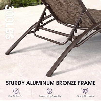 PURPLE LEAF Outdoor Chaise Lounge Chair Set of 3 Patio Pool Lounger Bronze Aluminum Chairs with Side Table Adjustable Tanning Recliner for Outside Backyard Yard Deck Balcony Beach Brown