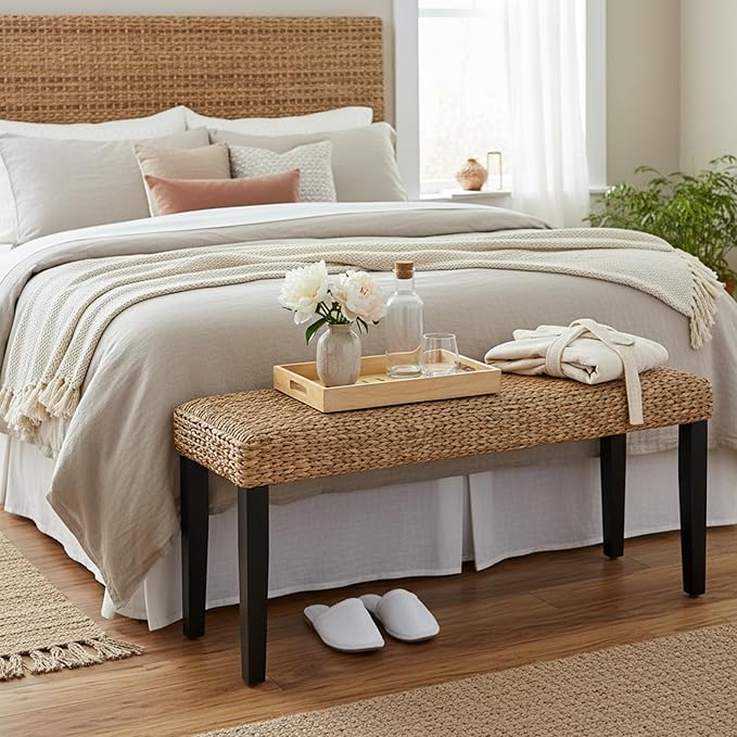 End of Bed Bench for Bedroom, 47" Entryway Bench with Solid Wood Acacia, Water Hyacinth Indoor Bench Seat - Photo 5