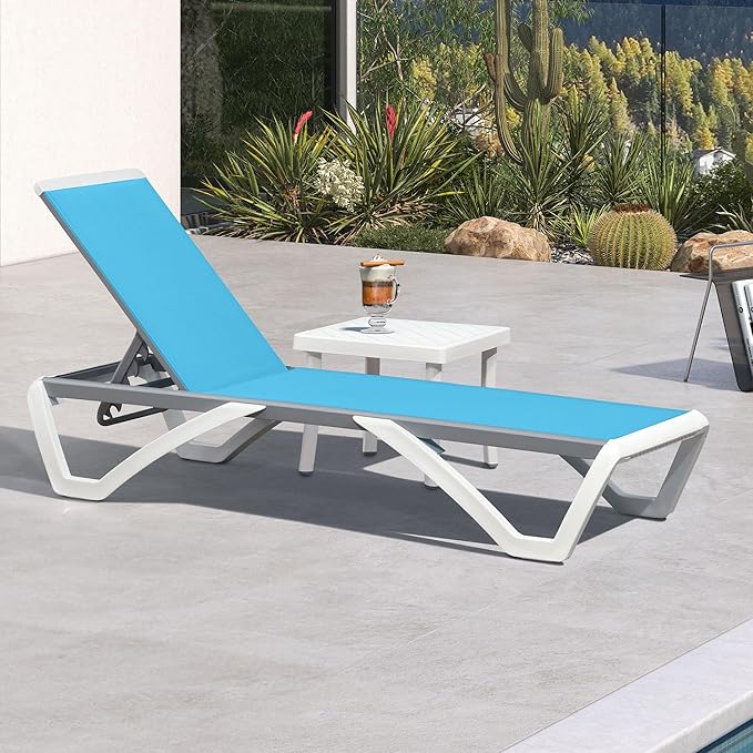 PURPLE LEAF Patio Chaise Lounge Chair Set Outside Aluminum Plastic Stackable Tanning Chairs with Side Table for Pool Sunbathing Beach Deck Outdoor Lounger, Turquoise Blue