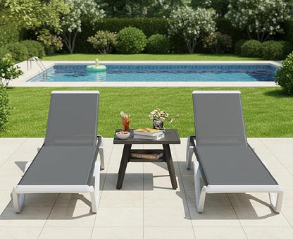 PURPLE LEAF Outdoor Chaise Lounge Set of 3 Plastic Pool Lounge Chair with Metal Side Table Patio Stackable Lounger Chair for Poolside Sunbathing Beach Deck Yard, Grey
