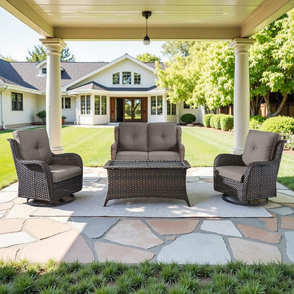 Belord 4 Piece Patio Wicker Furniture Set, Outdoor Swivel Rocker Chairs, All Weather Outdoor Patio Loveseat with Cushion and Coffee Table for Deck Porch, Brown Wicker/Gray