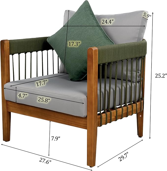 Christopher Knight Home Vinny Acacia Wood Club Chair, Outdoor Accent Chair, Handwoven Rope Armchair with Removable Cushions, Comfort Seating Single Reading Sofa for Garden Backyard Porch, Green+Gray