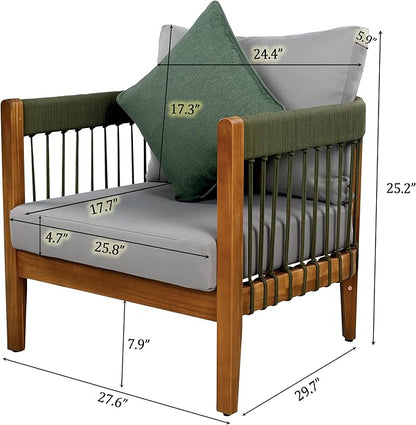 Christopher Knight Home Vinny Acacia Wood Club Chair, Outdoor Accent Chair, Handwoven Rope Armchair with Removable Cushions, Comfort Seating Single Reading Sofa for Garden Backyard Porch, Green+Gray