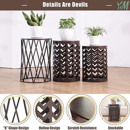 Y&M Nesting Side Table, Set of 3 Stacking Coffee Table for Living Room, Indoor End Tables, Outdoor Garden Stool with Heavy Duty Modern Industrial Decor - Pure Brown (Ship from US)