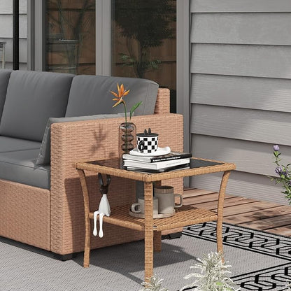 Outsunny Rattan Side Table, Outdoor End Table with Storage Shelf, Aluminum Frame Square, Coffee Table with Tempered Glass Top, Sand