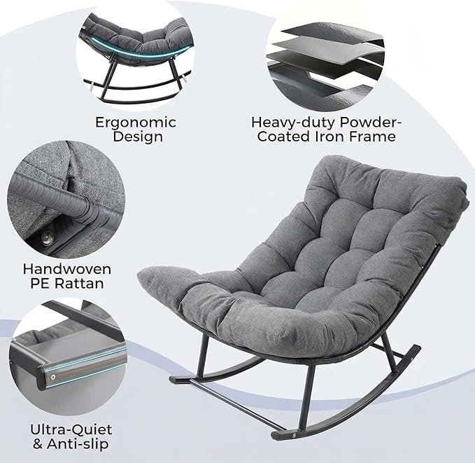 IRONCK Papasan Rocking Chair with Cushion, Patio Wicker Rocking Chair, Metal Frame Egg Rocker, 450lbs Capacity, Indoor Outdoor Lounge for Garden, Porch, Living Room, Balcony, Gray
