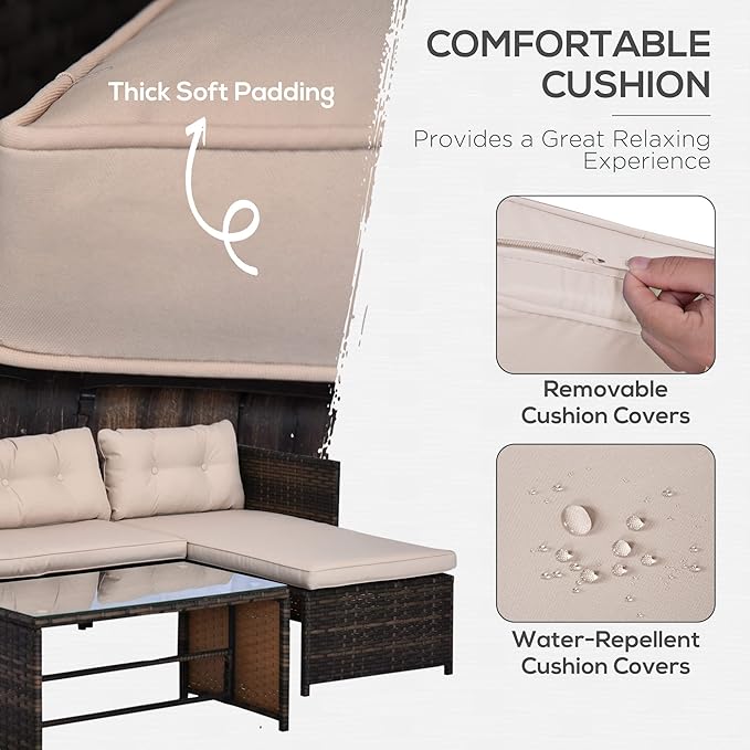 73" Modular Sleeper Sofa with Practical Tempered Glass Table, Freely Combined Chaise Lounge with Woven Rattan, Cloud Sectional Couch with Plush Thick Cushions for Patio Outdoor, Beige