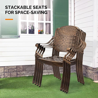 VINGLI Patio Chairs Set of 4 - Stackable Outdoor Cast Aluminum Dining Chairs with Vintage Bronze Finish and Plaid Pattern, Metal Armchairs for Poolside, Backyard, Balcony (No Cushion)