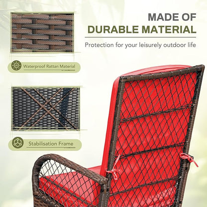 Greesum 3 Piece Outdoor Wicker Rocking Chairs Patio Furniture Set with Glass Coffee Table for Garden Backyard Porch Poolside, Red