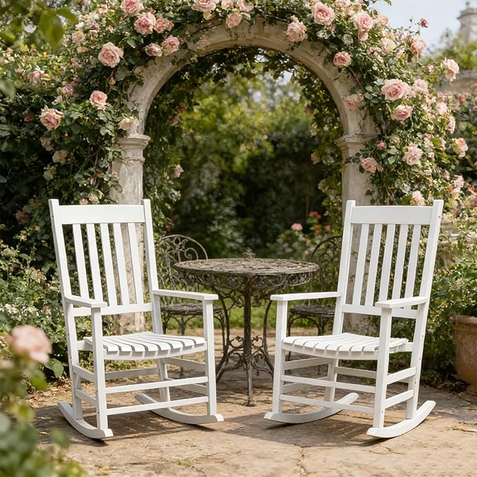 2Pcs Wooden Rocking Chairs, Wood Classic Slatted Patio Porch Rockers for Porches, Backyards, Poolside Balconies, Decks(White)