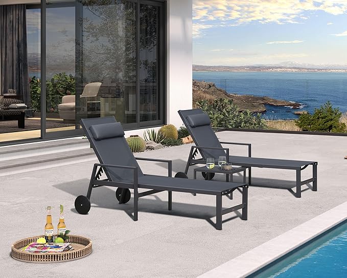 PURPLE LEAF Patio Lounge Chair Set Outdoor Chaise Lounger Aluminum Frame with Armrest 2 Side Table and Wheels for Pool Outside Sunbathing Tanning Recliner Including Pillows Gray