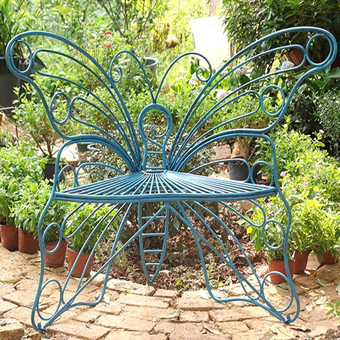 Metal Garden Bench, Outdoor Bench with Backrest, Patio Garden Bench, Hollow Out Leisure Park Bench Chair, Rustic Country Decor for Porch, Lawn(Blue)