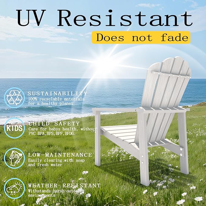 Stackable Adirondack Chair, HDPE All-Weather Adirondack Chairs - Durable and Space Saving, Plastic Outdoor Fire Pit Chairs with Cup Holder,White