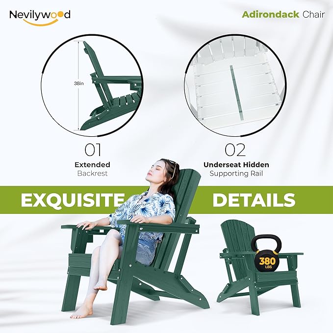 nevilywood Folding Adirondack Chairs Set of 2, All-Weather Fade-Resistant Design with Cup Holders, Great for Patio, Balcony & Outdoor Spaces,Green