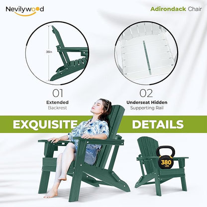 nevilywood Folding Adirondack Chairs Set of 2, All-Weather Fade-Resistant Design with Cup Holders, Great for Patio, Balcony & Outdoor Spaces,Green