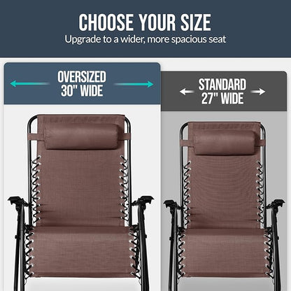 Best Choice Products Set of 2 Extra Wide Adjustable Steel Mesh Zero Gravity Lounge Chair Recliners w/Pillows and Cup Holder Trays - Brown